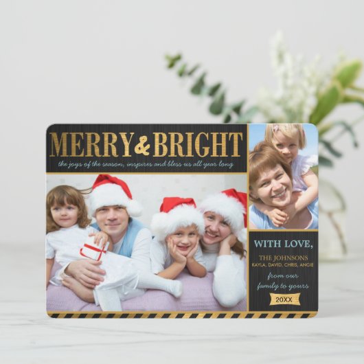 Metallic Gold Merry en Bright Holiday Card Feestdagenkaart (Staand voorkant)