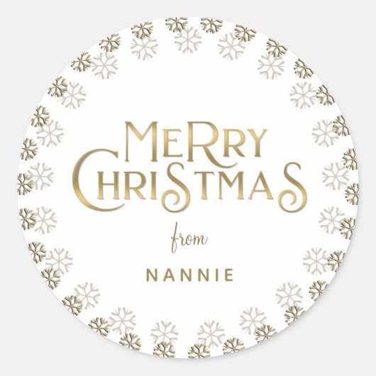 Metallic Gold Merry kerstsnowflake Border Ronde Sticker (Voorkant)
