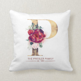 Metallic Gold P Monogram Floral Burgundy Red Kussen