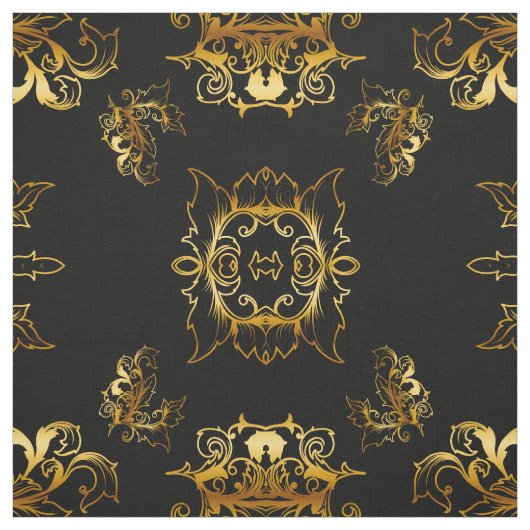 Metallic Gold Pattern op Black Stof (Swatch)