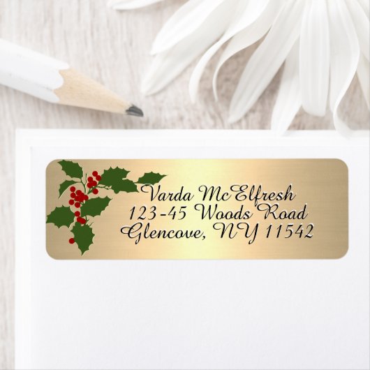 Metallic Gold Script Holly en Berries Holiday Etiket (Insitu)