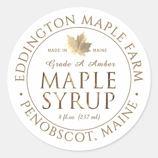 Metallic Gold State Name Maple Syrup met Leaf Ronde Sticker (Voorkant)