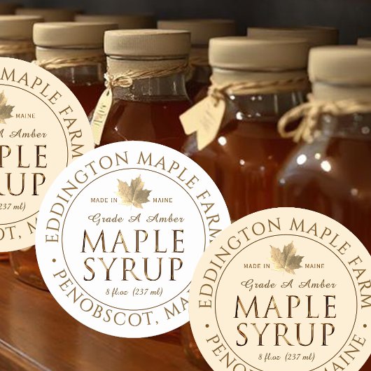 Metallic Gold State Name Maple Syrup met Leaf Ronde Sticker