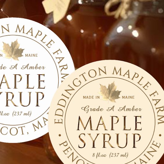 Metallic Gold State Name Maple Syrup met Leaf Ronde Sticker