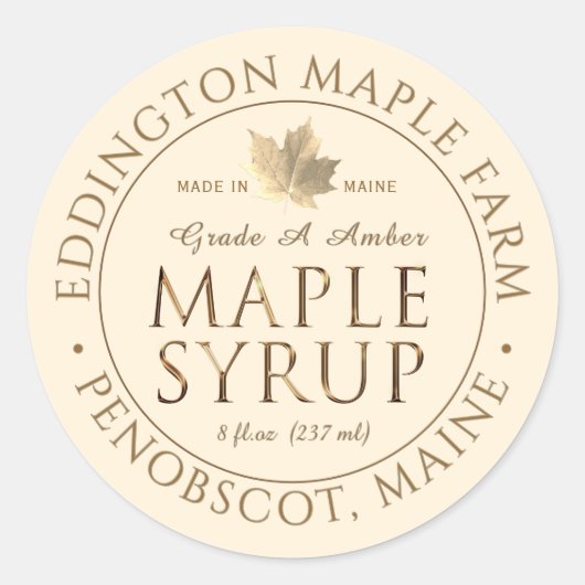 Metallic Gold State Name Maple Syrup met Leaf Ronde Sticker (Voorkant)
