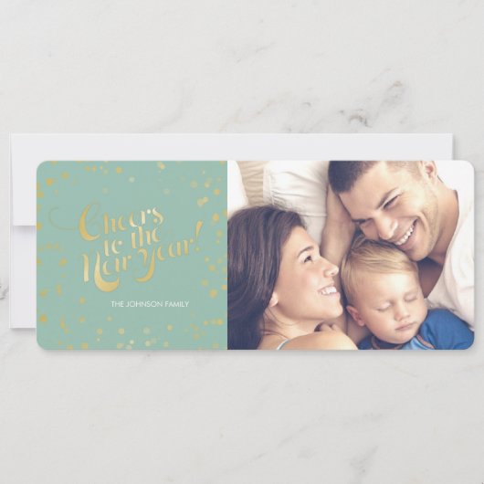 Metallic Gold Stippen Mint Cheers New Years Vakant Feestdagenkaart (Voorkant)