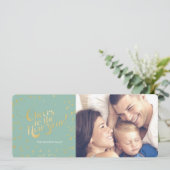 Metallic Gold Stippen Mint Cheers New Years Vakant Feestdagenkaart (Staand voorkant)