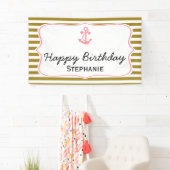 Metallic Gold Stripes met roze Anchor Birthday Spandoek (Insitu)
