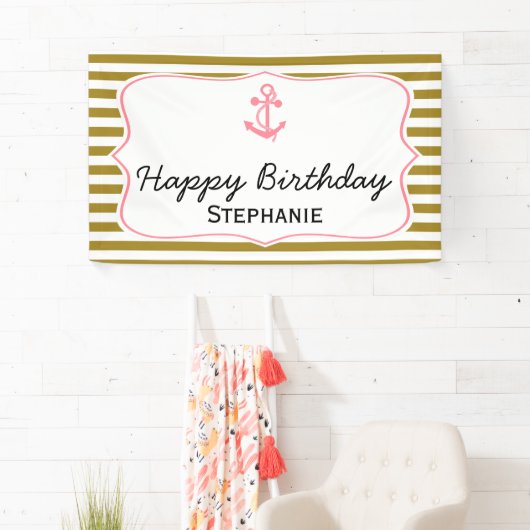 Metallic Gold Stripes met roze Anchor Birthday Spandoek (Insitu)