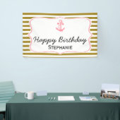 Metallic Gold Stripes met roze Anchor Birthday Spandoek (Beurs)