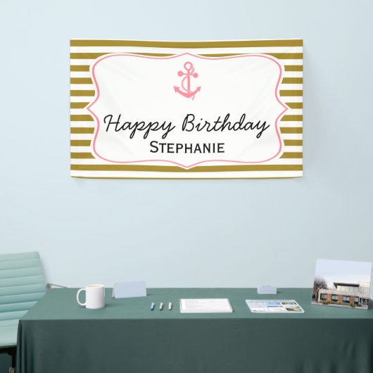 Metallic Gold Stripes met roze Anchor Birthday Spandoek (Beurs)