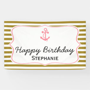 Metallic Gold Stripes met roze Anchor Birthday Spandoek
