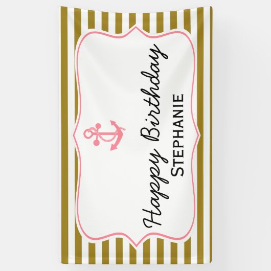 Metallic Gold Stripes met roze Anchor Birthday Spandoek (Verticaal)