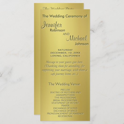 Metallic Gold Wedding Programma Programmakaart (Voorkant / Achterkant)