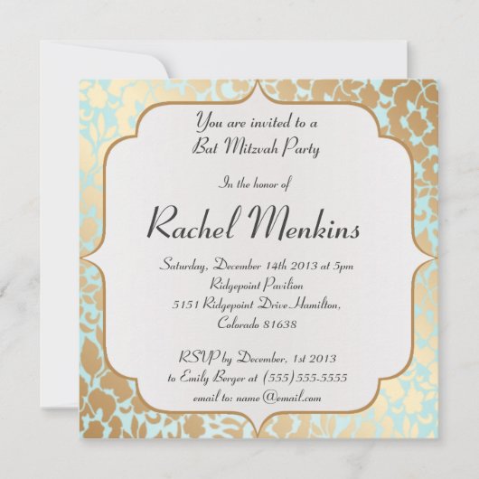 Metallic Golden Aqua Bat Mitzvah Uitnodiging (Voorkant)
