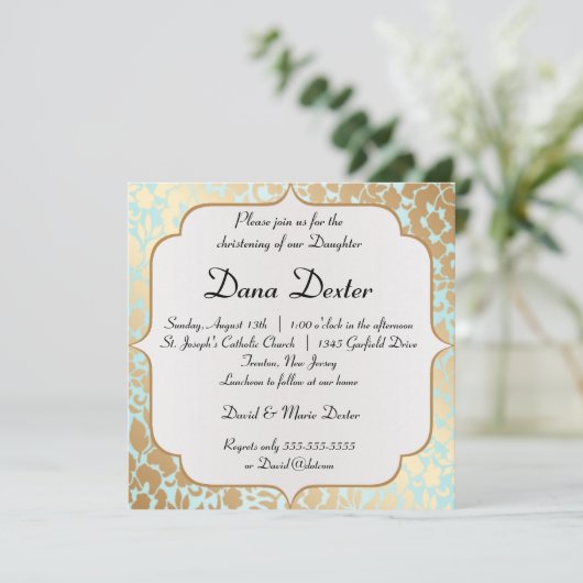 Metallic Golden Aqua Floral Baptism Invitation Kaart (Staand voorkant)