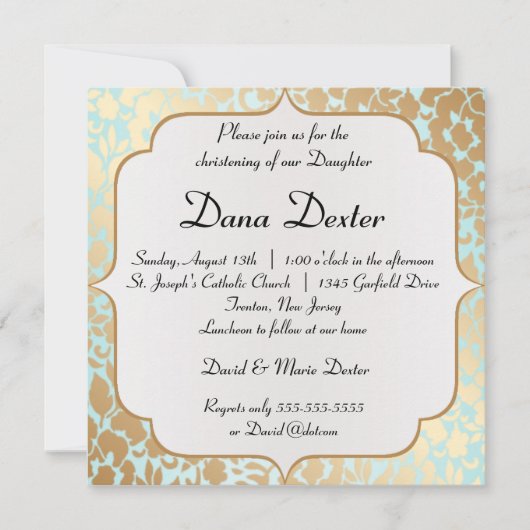 Metallic Golden Aqua Floral Baptism Invitation Kaart (Voorkant)