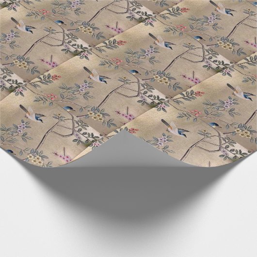 Metallic Golden Garden Chinoiserie met Song Birds Cadeaupapier (Hoek)