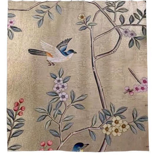 Metallic Golden Garden Chinoiserie met Song Birds Douchegordijn (Voorkant)