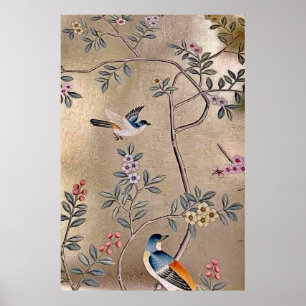 Metallic Golden Garden Chinoiserie met Song Birds Poster