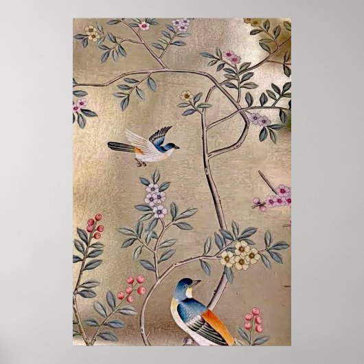 Metallic Golden Garden Chinoiserie met Song Birds Poster (Voorkant)
