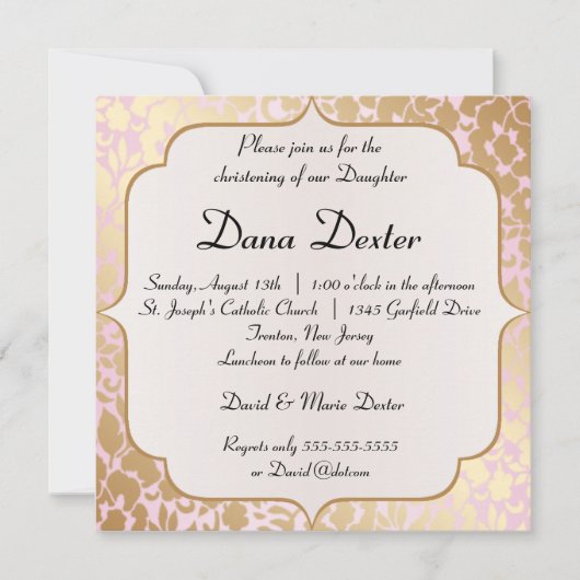 Metallic Golden Roos Pink Baptisme Invitation Kaart (Voorkant)