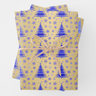 Metallic goud blauw kerstbomen patroon inpakpapier vel