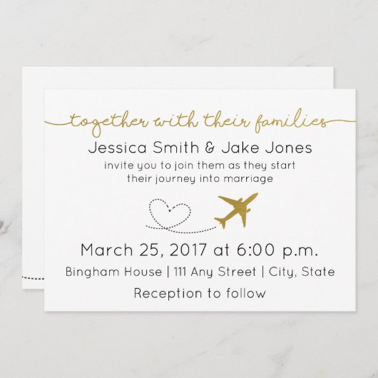 Metallic goud, reizen thema bruiloft uitnodigen kaart (Voorkant / Achterkant)