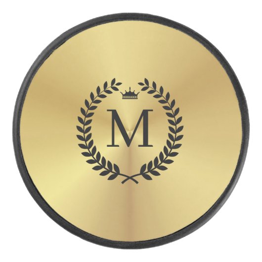 Metallic goud roestvrij staal zwart laurierkrans hockey puck (Voorkant)