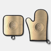 Metallic goud staal gegraveerd monogram ovenwant & pannenlap set (Voorkant)