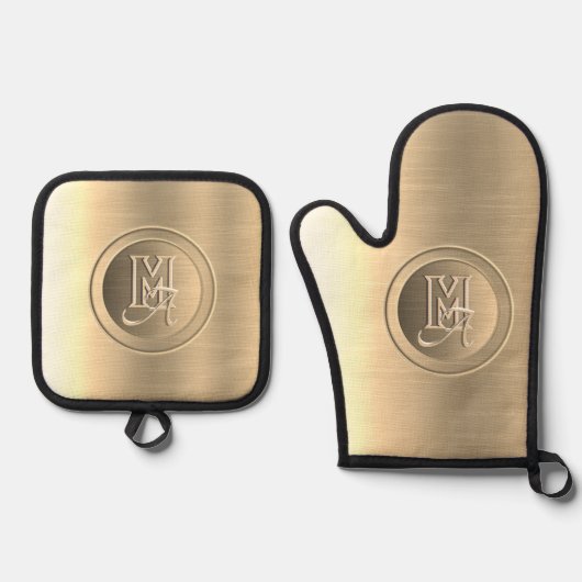 Metallic goud staal gegraveerd monogram ovenwant & pannenlap set (Voorkant)