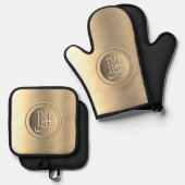 Metallic goud staal gegraveerd monogram ovenwant & pannenlap set (Voorkant / Achterkant)