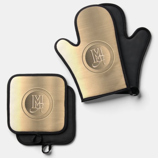 Metallic goud staal gegraveerd monogram ovenwant & pannenlap set (Voorkant / Achterkant)