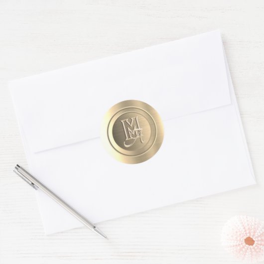 Metallic Goud Stalen Gegraveerde Monogram Ronde Sticker (Envelop)