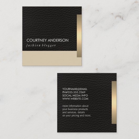 Metallic goud trim en leer vierkante visitekaartje (Voorkant / Achterkant)