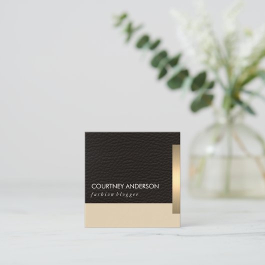 Metallic goud trim en leer vierkante visitekaartje (Staand voorkant)