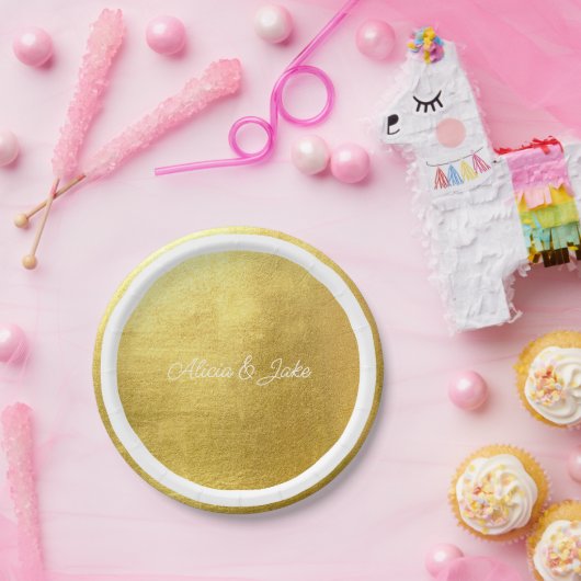 Metallic Goud Wit Script Namen Huwelijk Papieren Bordje (Feest)