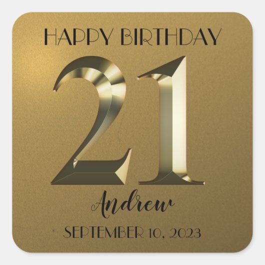 Metallic gouden 21ste verjaardag vierkante sticker (Voorkant)
