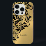 Metallic Gouden Achtergrond Zwart Swirl Ornament iPhone 15 Pro Case<br><div class="desc">Elegante zwarte swirl kant ornament over een afbeelding van metallic goud geborsteld aluminium look.</div>