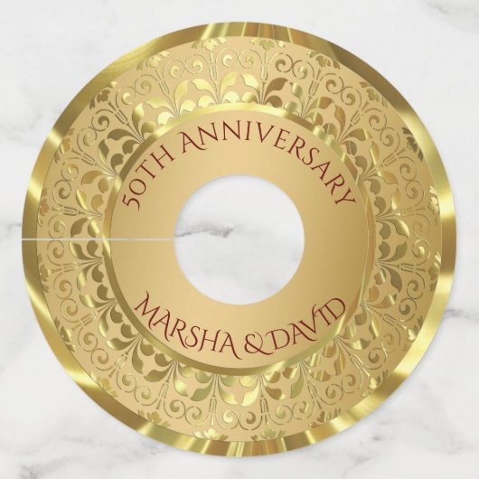 Metallic gouden damast en cirkel wijnglaslabel (Voorkant)