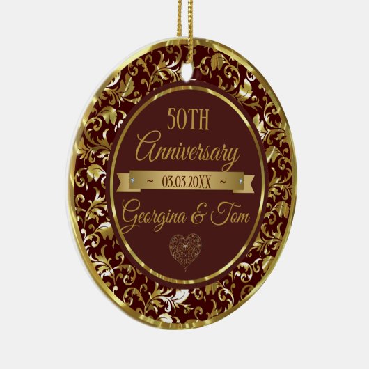 Metallic gouden damast en lint keramisch ornament (Rechts)