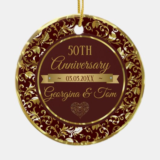 Metallic gouden damast en lint keramisch ornament (Voorkant)