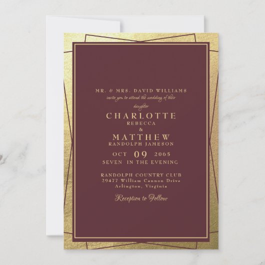 Metallic gouden elegantie & bordeaux bruiloft kaart (Voorkant)