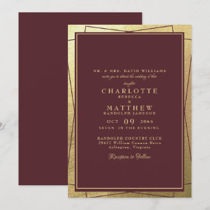 Metallic gouden elegantie & bordeaux bruiloft kaart
