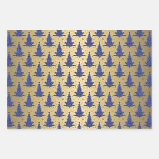 Metallic gouden kerstbomen groen blauw glitter inpakpapier vel (Voorkant 3)