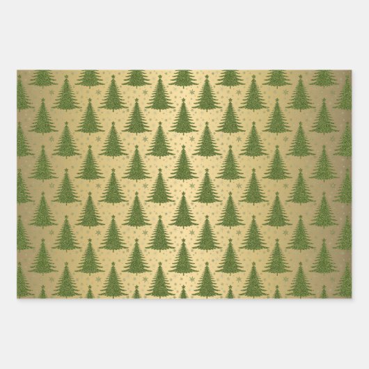 Metallic gouden kerstbomen groen blauw glitter inpakpapier vel (Voorkant)