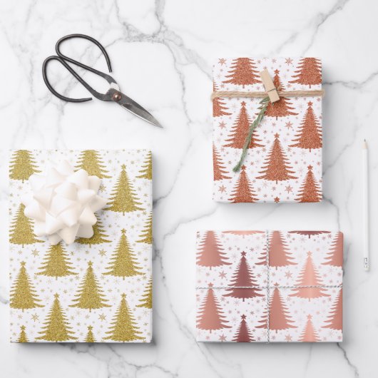 Metallic gouden kerstbomen patroon glitter inpakpapier vel (Voorkant)