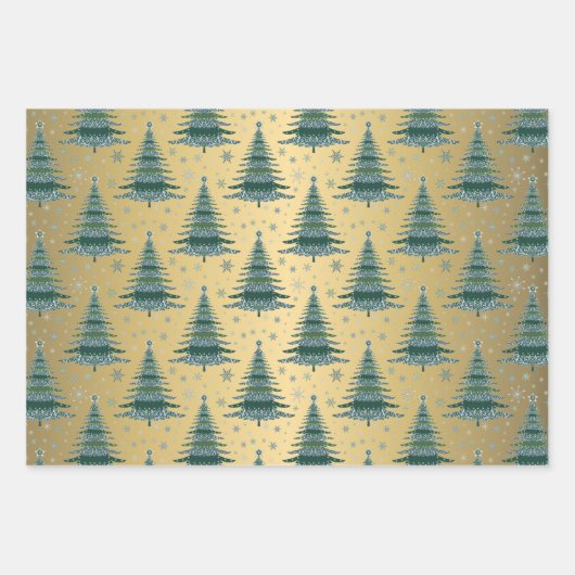 Metallic gouden Kerstmis Groene Bomen Patroon Inpakpapier Vel (Voorkant 3)
