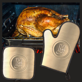 Metallic Gouden Staal Gegraveerde Monogram Ovenwant & Pannenlap Set