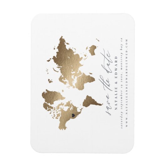 Metallic gouden wereldkaart bruiloft magneet (Verticaal)